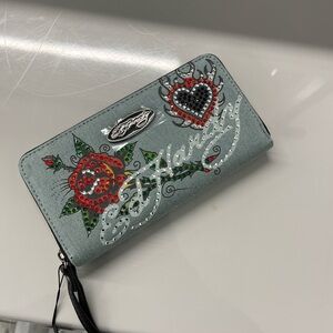 Ed Hardy Gray Wallet with Red and Black Accents